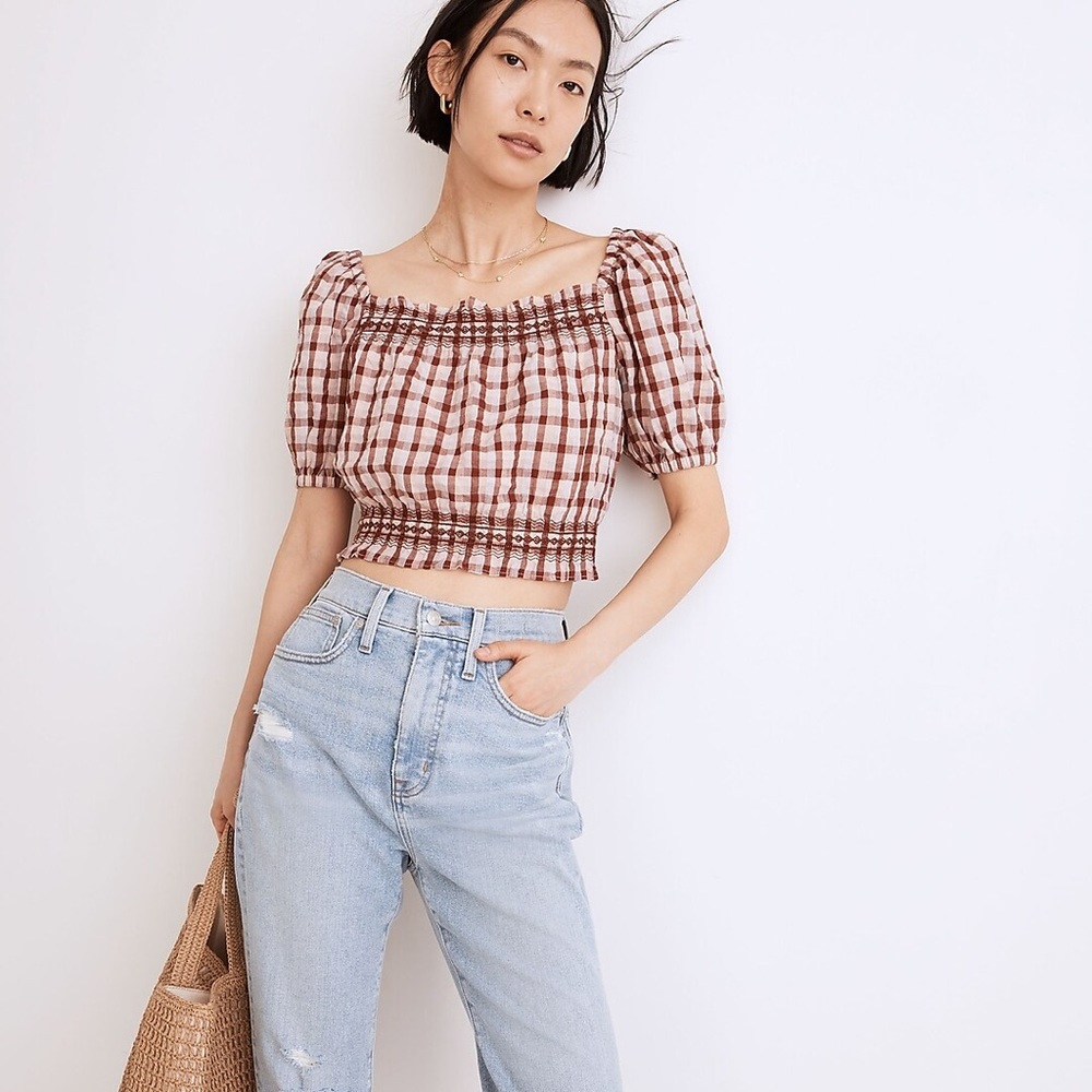 Madewell Brown and Cream Gingham Smocked Crop Top
